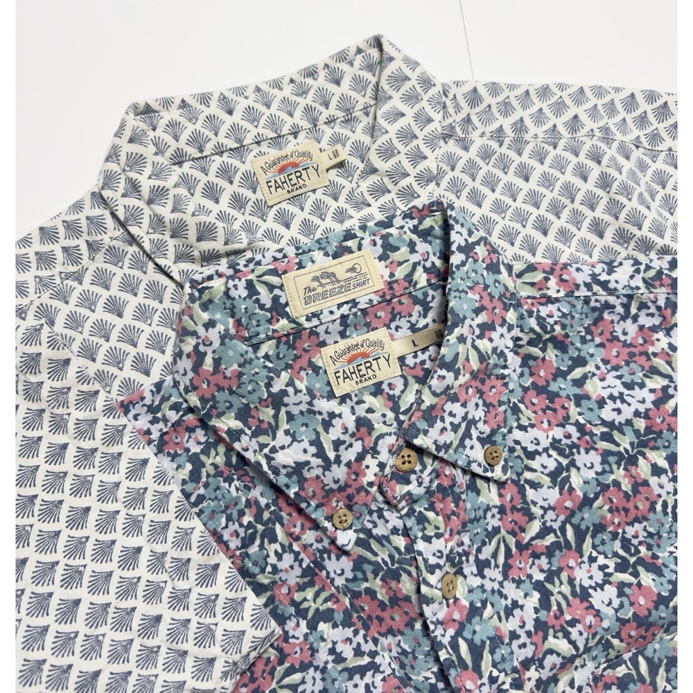 Lot of 2 Faherty Men's Breeze Button Up Shirt Size L Tropic Hemp Floral Stretch